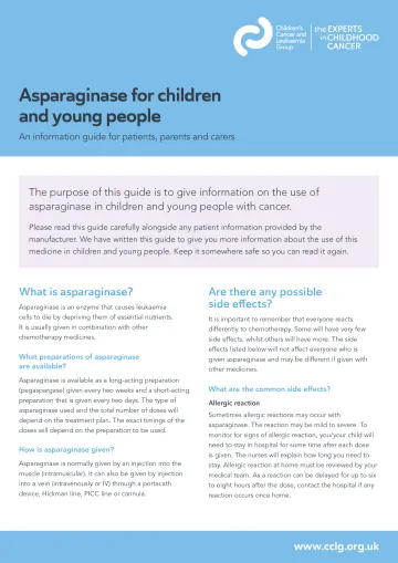 Front cover for factsheet - Asparaginase for children and young people