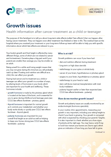 Front cover for late effects factsheet - Growth issues