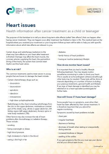 Front cover for late effects factsheet - Heart issues