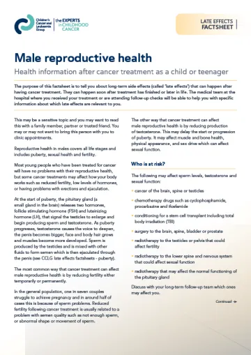 Front cover for late effects factsheet - male reproductive health