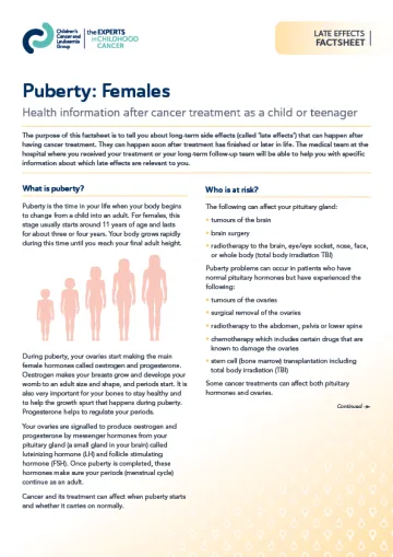 Front cover for late effects factsheet - Puberty: females