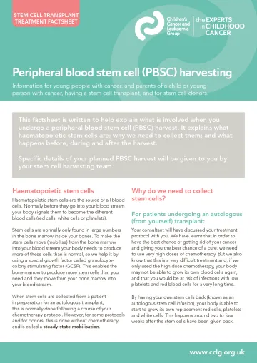 Front cover for factsheet - peripheral blood stem cell harvesting