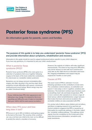 Front cover for factsheet - posterior fossa syndrome (PFS)