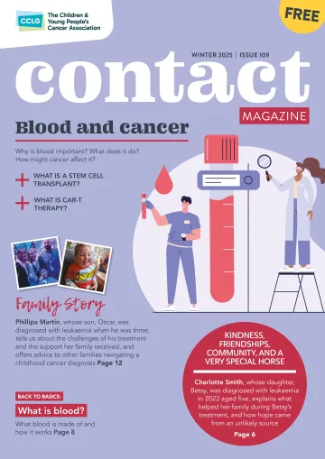 Front cover of Contact magazine, issue 109, themed ‘Blood and cancer.’ The purple cover features an illustration of scientists and researchers examining a vial of blood.