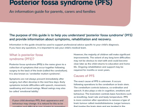 Front cover for factsheet - posterior fossa syndrome (PFS)